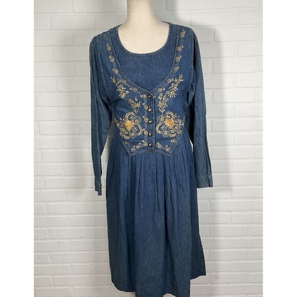 Jane Ashley Dress Women‎ M Blue Gold Floral Embroidered Vest Pleat Modest VTG - Picture 1 of 14